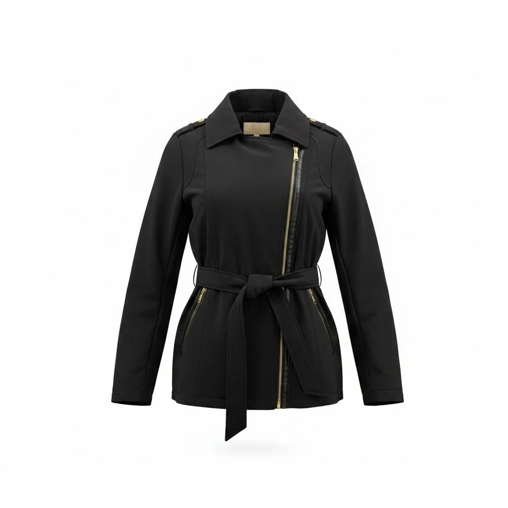 Michael Kors Womens Black Softshell Belted Trench Coat Gold Hardware Size S